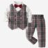 Kids And Toddlers Boys White Shirt, Red Bow Tie Plaid Waist coat Jacket And Plaid Trouser Complete Set