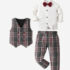 Kids And Toddlers Boys White Shirt, Red Bow Tie Plaid Waist coat Jacket And Plaid Trouser Complete Set