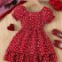 Kids And Toddlers Girl Red Heart Print Puff Sleeve Dress