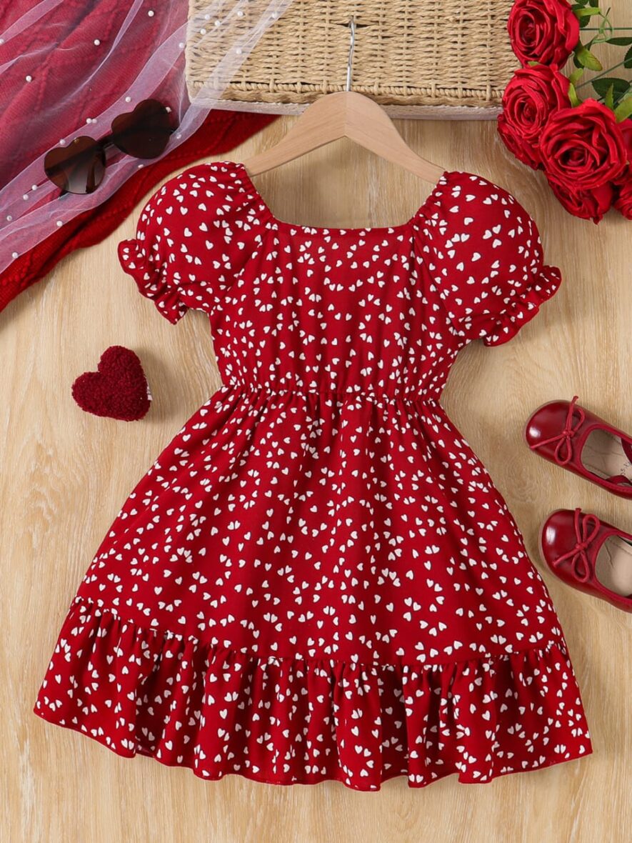 Kids And Toddlers Girl Red Heart Print Puff Sleeve Dress