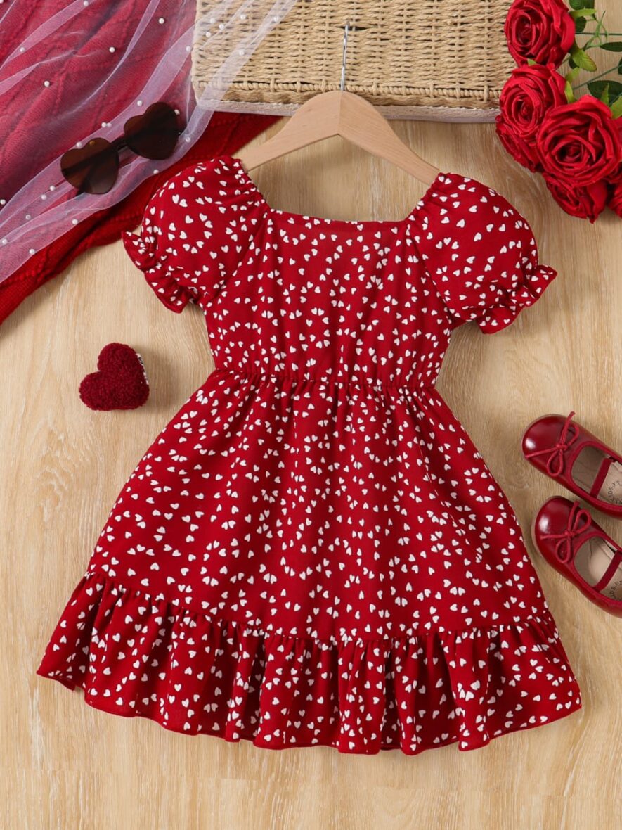 Kids And Toddlers Girl Red Heart Print Puff Sleeve Dress