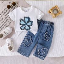 Kids Clothes Floral Print Short Sleeve T-shirt With Denim Trouser 2pcs