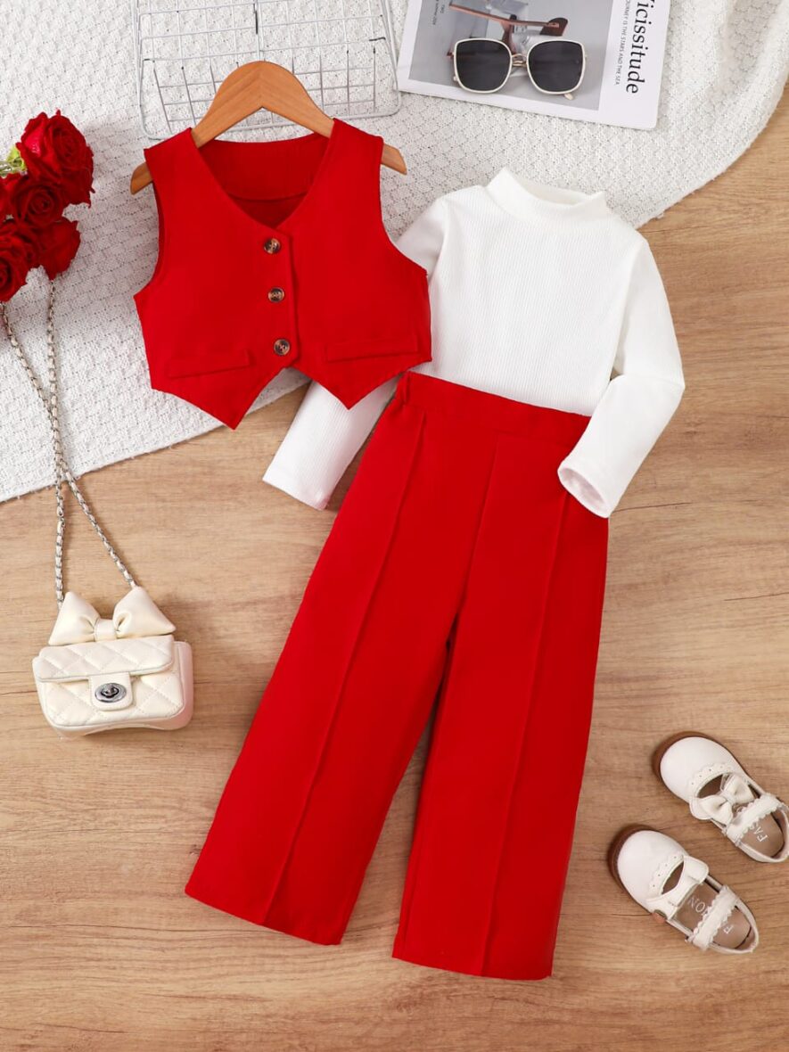 Kids Girl Turtle Neck White Long Tee, Red Vest And Red Wide-Leg Trouser Set