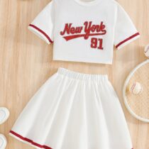 Kids Girl White Tee On White Pleated Skirt 2pcs