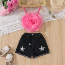 Kids Girls Sleeveless Pink Rose Top & Black Star Denim Shorts 2pcs (1)