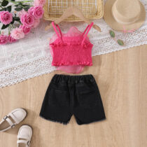Kids Girls Sleeveless Pink Rose Top & Black Star Denim Shorts 2pcs
