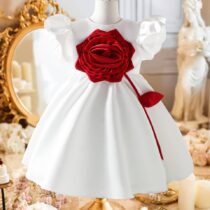 Kids Girls White Puff Sleeve Dress with Red Rose Appliqué – Elegant Floral Party Outfit
