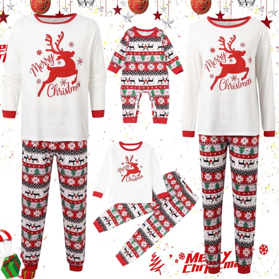 Kids Matching Family Christmas Pyjamas – Red Reindeer & Fair Isle Print Holiday Set