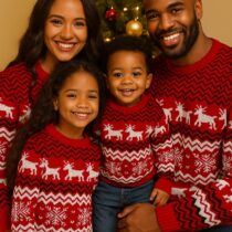 Matching Family Christmas Sweaters, Red Reindeer & Snowflake Fair Isle Knit Sweat Top