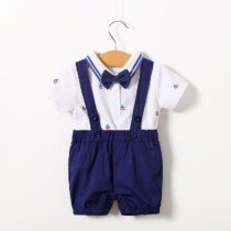 New Born And Baby Boy Polka Dot Collar Neck Pin Down Shirt With Navy Dung With Bow Tie