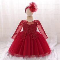 Red Lace Tulle Ball Gown Dress for Girls – Long Sleeve Formal Party Wear with Floral Headband