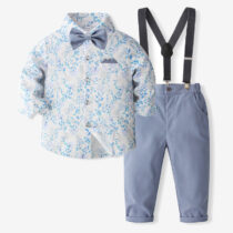 Toddler Boys Blue Floral Shirt, Sky blue Trouser With Bow Tie & Suspende