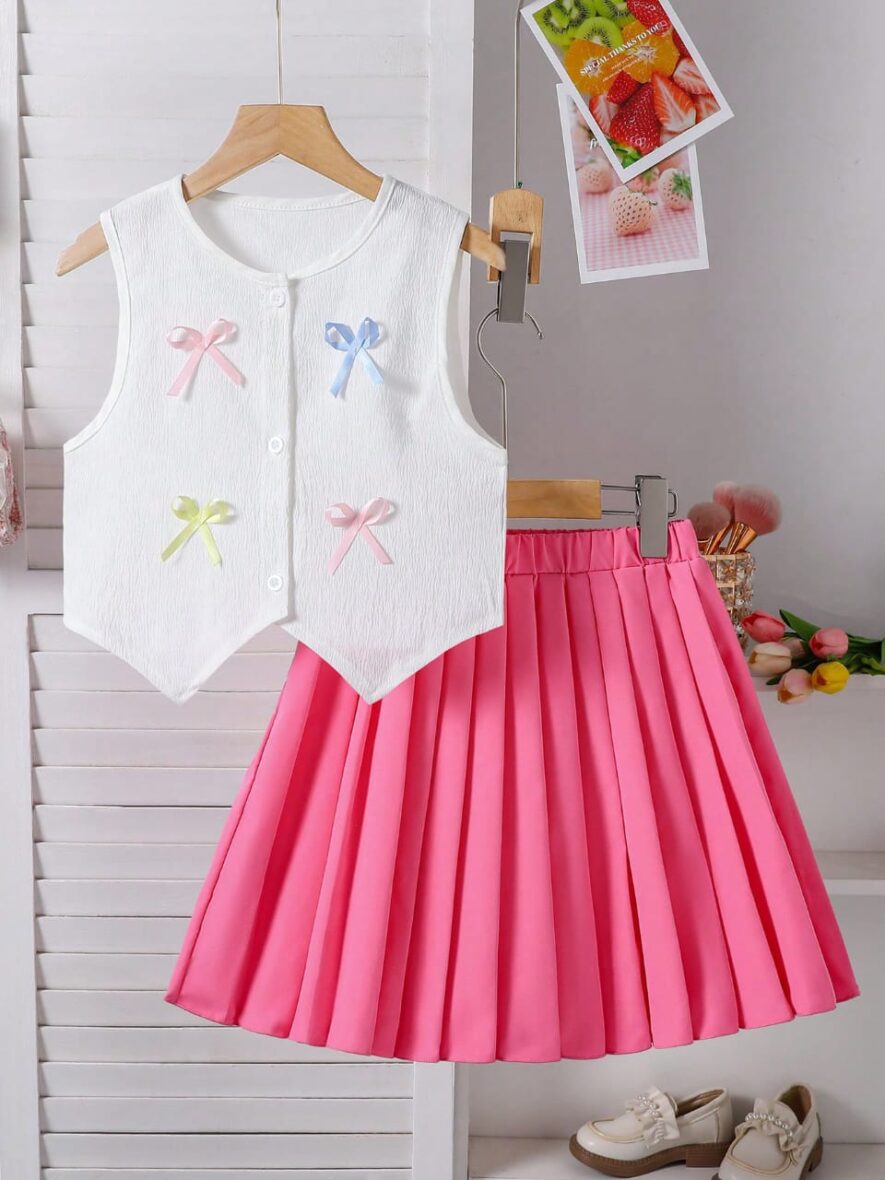 Toddler Girl White Armless Top with Pink Skirt