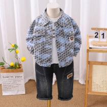 Toddlers And Kids Boy Star pattern Denim Jacket And White Inner Tee With Denim Trouser 3pcs