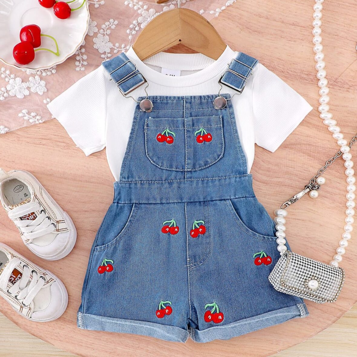 Baby And Toddlers Girl Cherry Denim Dung With White Inner Tee 2pcs