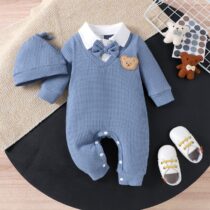 Baby Boy Blue Romper Set – Collared Long Sleeve with Bow Tie, Hat, and Bear Patch
