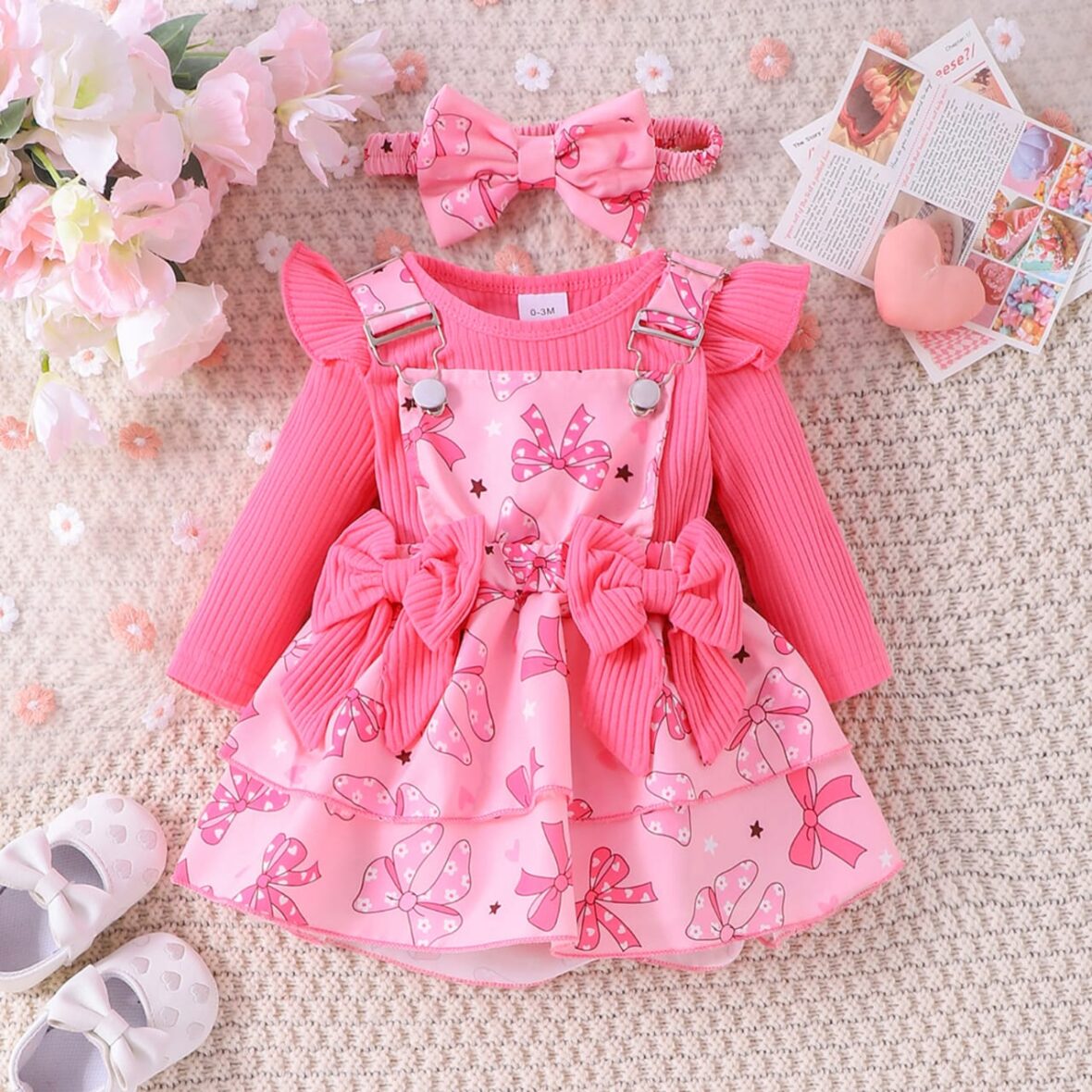 Baby Girl Pink Bow Pinafore Outfit Set 2pcs