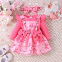Baby Girl Pink Bow Pinafore Outfit Set (1)