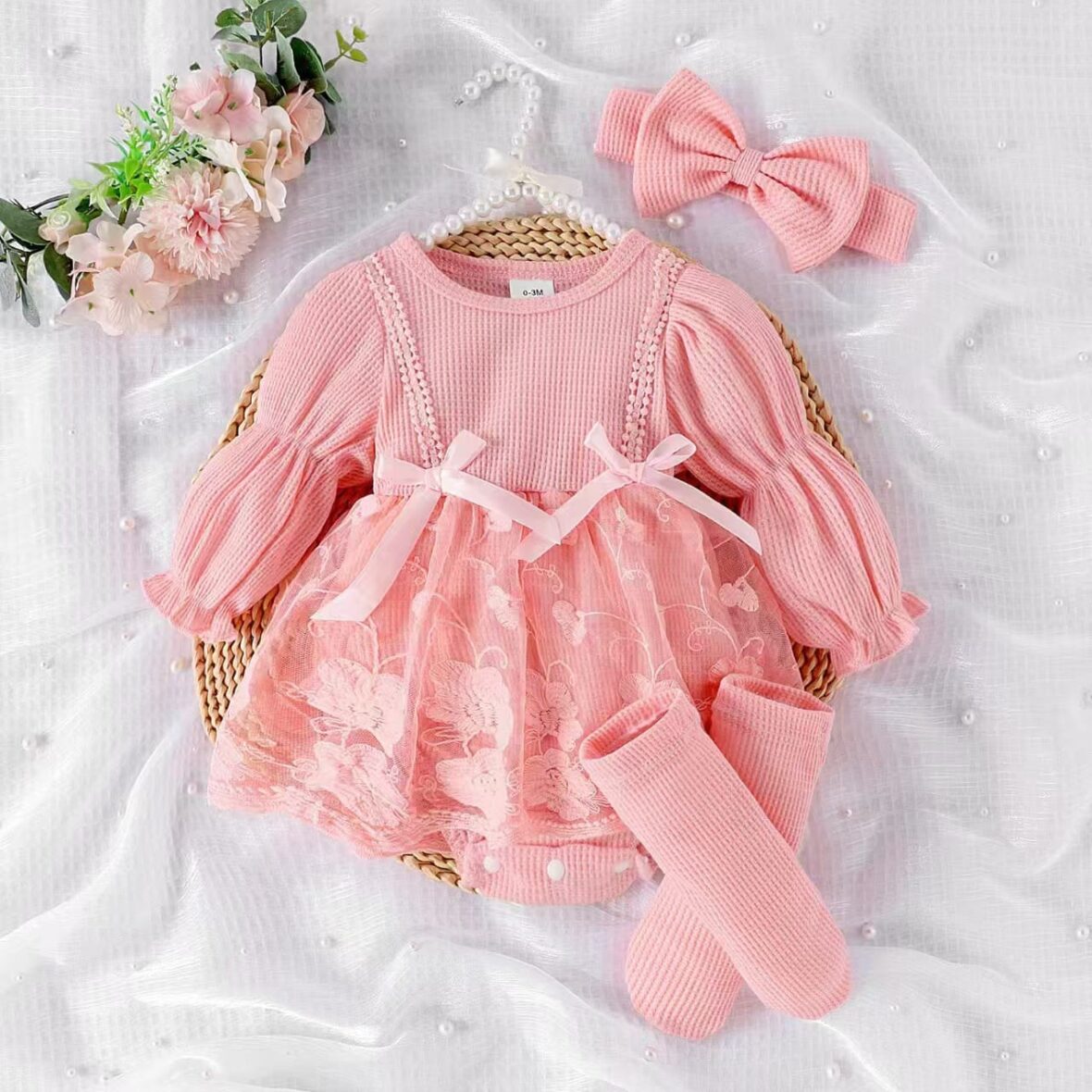 Baby Girl Pink Lace Dress Set – Long Sleeve Knit Bodice with Headband and Socks