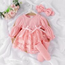 Baby Girl Pink Lace Dress Set – Long Sleeve Knit Bodice with Headband and Socks