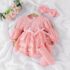 Baby Girl Peach Romper Dress Set – Long Sleeve Knit Bodice with Headband and Socks
