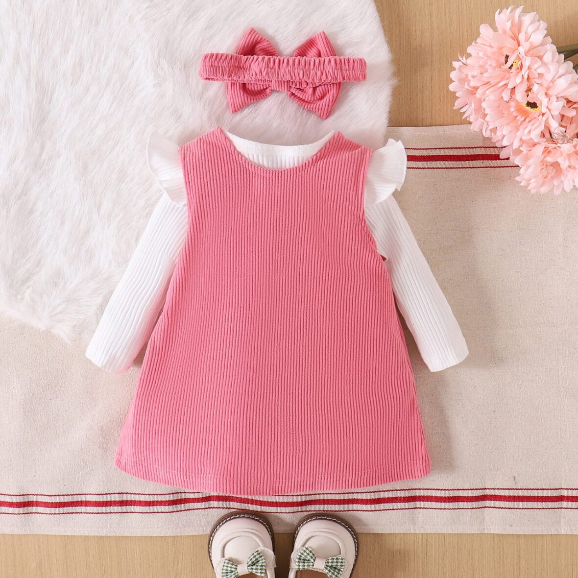 Baby Peach Dung with white Longsleeve Top And Hair Band