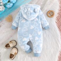 Baby Unisex Blue Fleece Onesie – Hooded Romper with White Hearts and Bear Ears (1)
