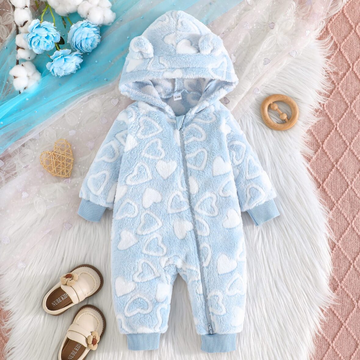 Baby Winter Romper Fleece Hooded Jumpsuit with Heart Print and Zipper Front (Copy)