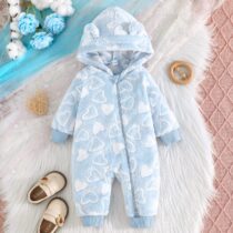 Baby Unisex Blue Fleece Onesie – Hooded Romper with White Hearts and Bear Ears (2)