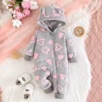 Baby Winter Romper – Fleece Hooded Jumpsuit with Heart Print and Zipper Front (1)