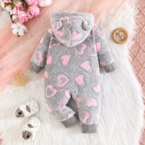 Baby Winter Romper – Fleece Hooded Jumpsuit with Heart Print and Zipper Front (2)