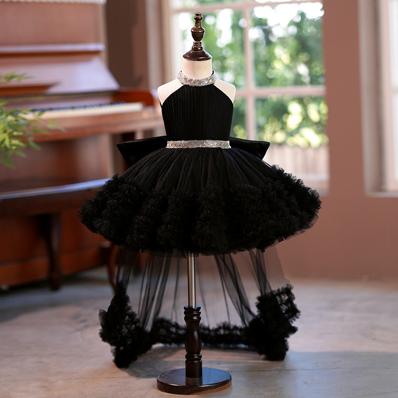 Toddler and Kids Girls Black Tulle Halter Dress with Glitter Collar Neck Party Dress