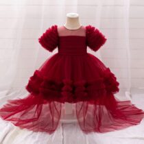 Girls Burgundy Tulle Gown – Puff Sleeve High-Low Dress