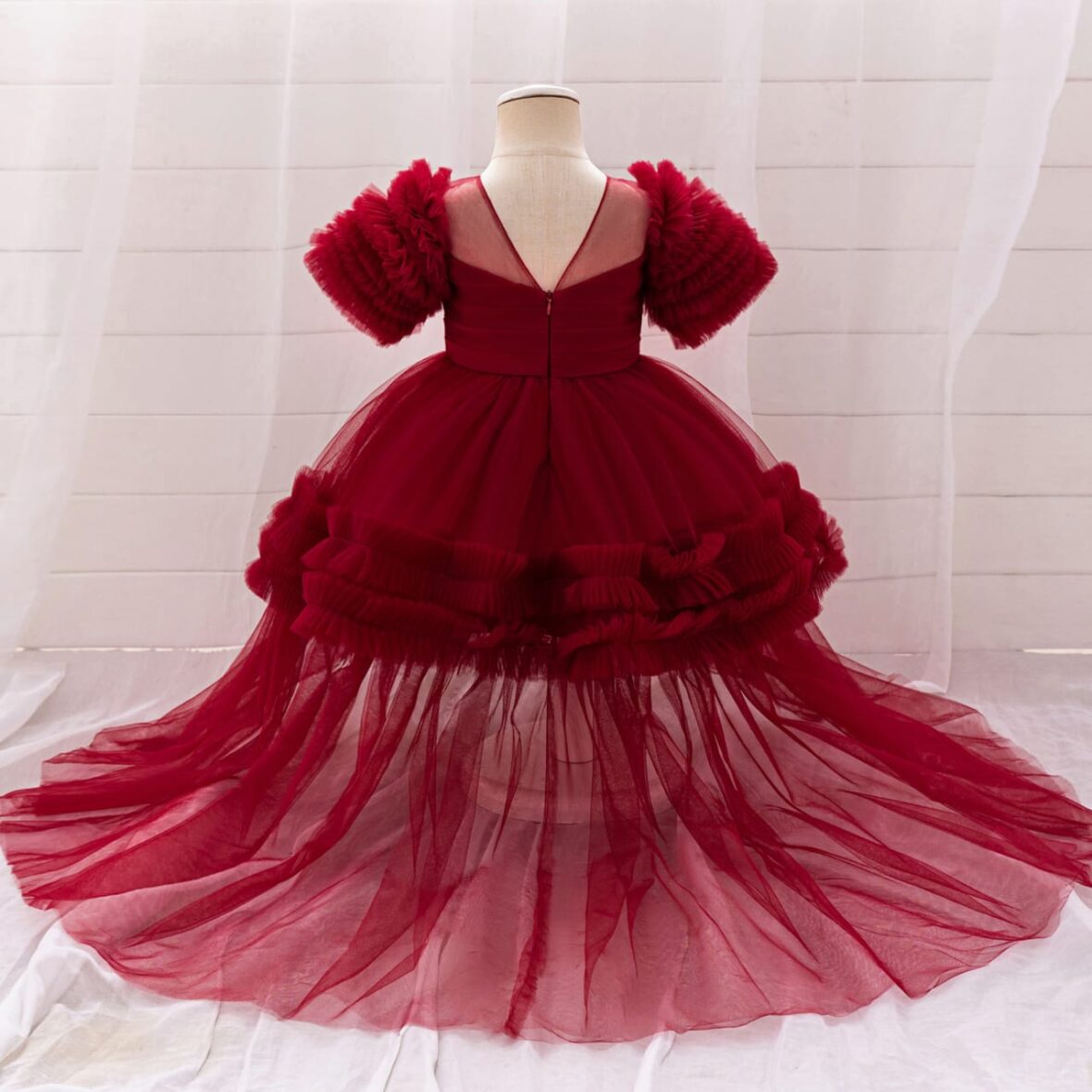 Girls Burgundy Tulle Gown – Puff Sleeve High-Low Dress1