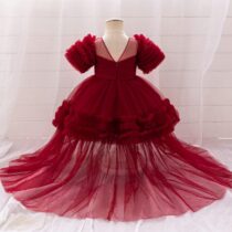 Girls Burgundy Tulle Gown – Puff Sleeve High-Low Dress1