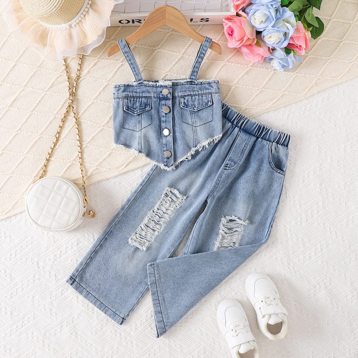 Girls Distressed Denim Outfit Set with Accessories – Summer Casual Style
