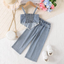 Girls Distressed Denim Outfit Set with Accessories – Summer Casual Style (2)