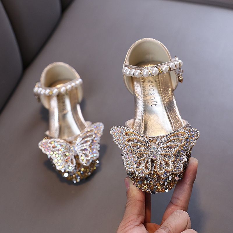 Kids And Toddler Girls Gold Butterfly Dress Shoes – Rhinestone Pearl