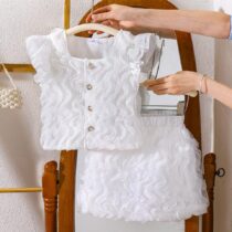 Girls White Ruffled Two-Piece Set with Flutter Sleeves and Button Front (1)