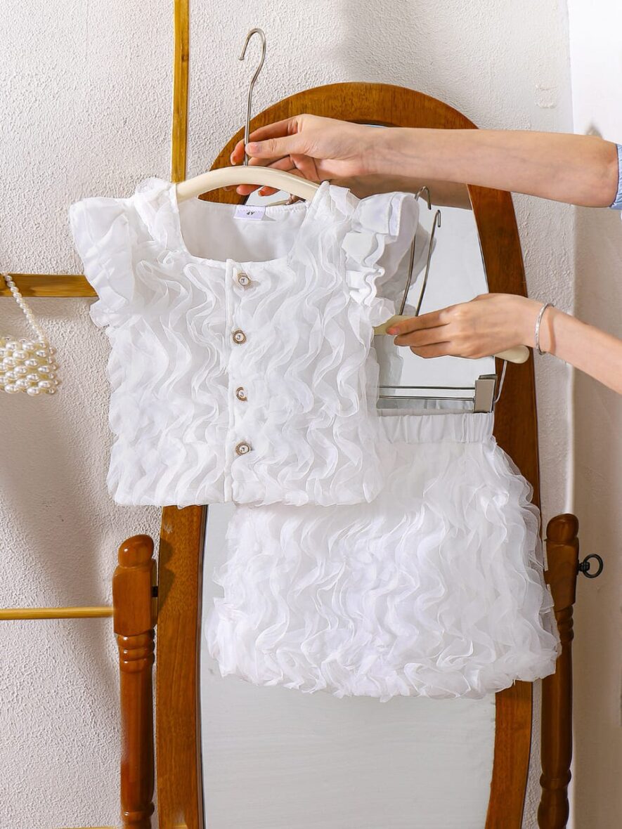 Kids Girls White Ruffled Two-Piece Set with Flutter Sleeves and Skirt 2pcs