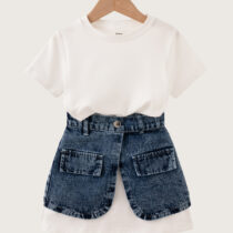 Girls White T-Shirt Dress With Denim Overlay Skirt 2pcs
