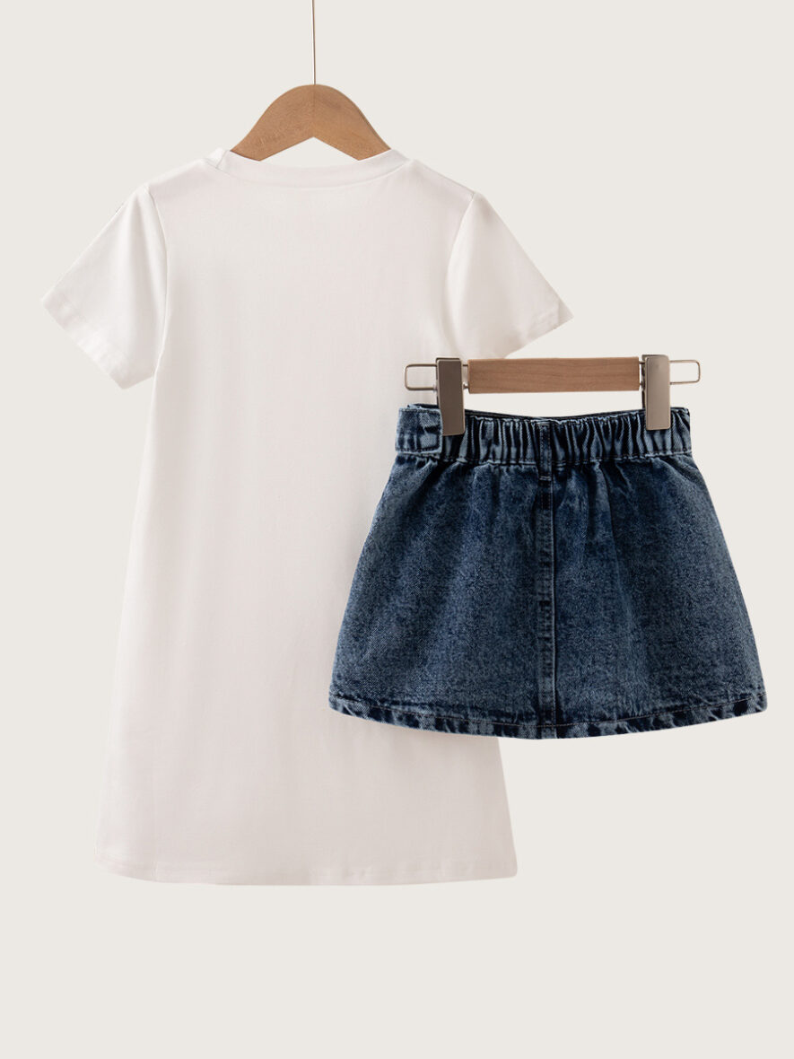 Girls White T-Shirt Dress with Denim Overlay and Pockets, (2)