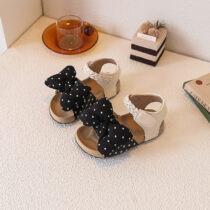 Kids And Toddler Girls Beige Braided Sandals with Polka Dot Bow