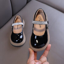 Kids And Toddler Girls Black Glossy Shoes – Rhinestone Strap