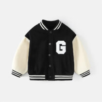 Kids Black and White Varsity Jacket with Letter Patch