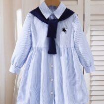 Kids Girls Striped Sailor Dress Long Sleeve Button Down