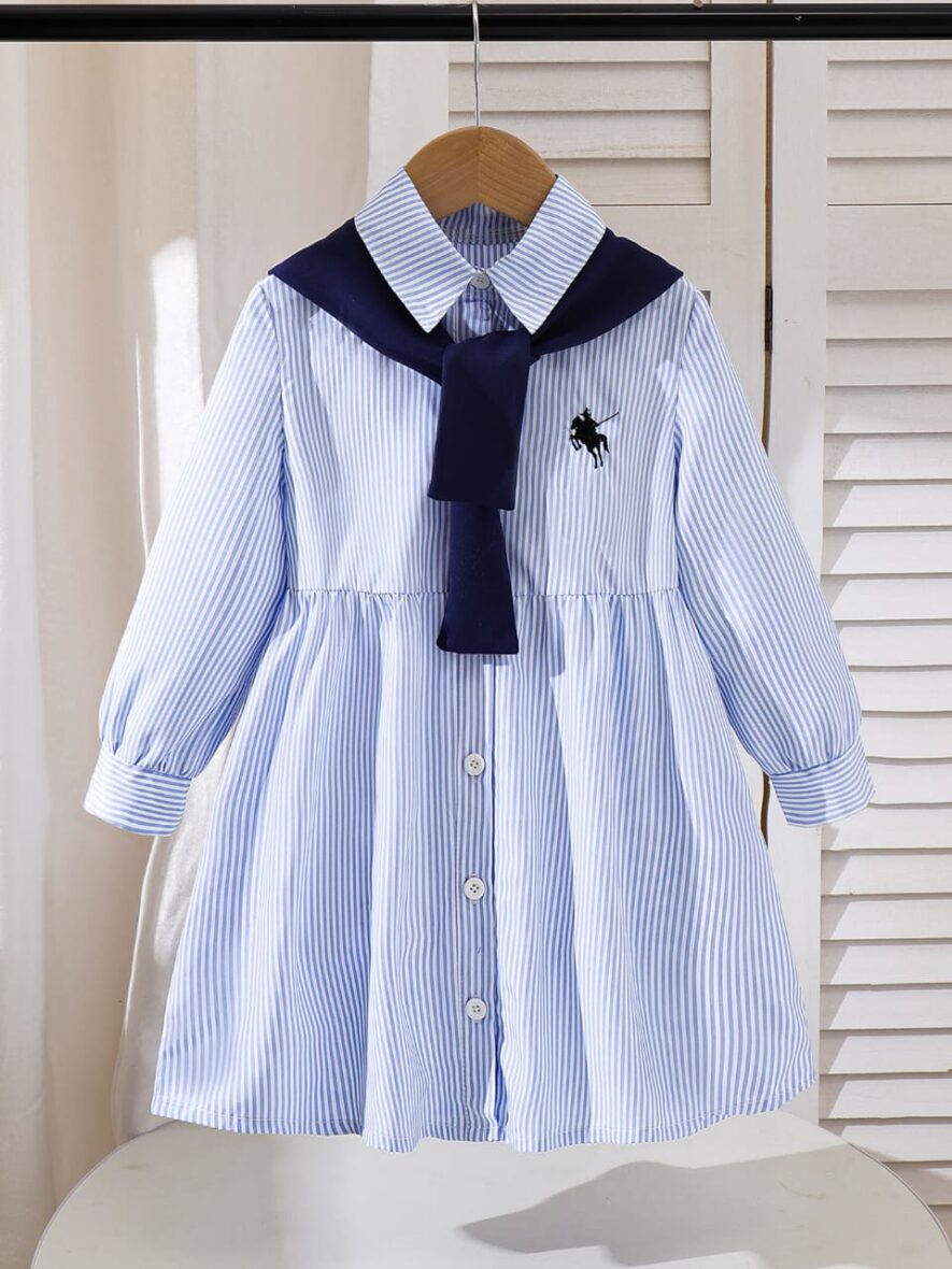Kids Girls Striped Sailor Dress Long Sleeve Button Down