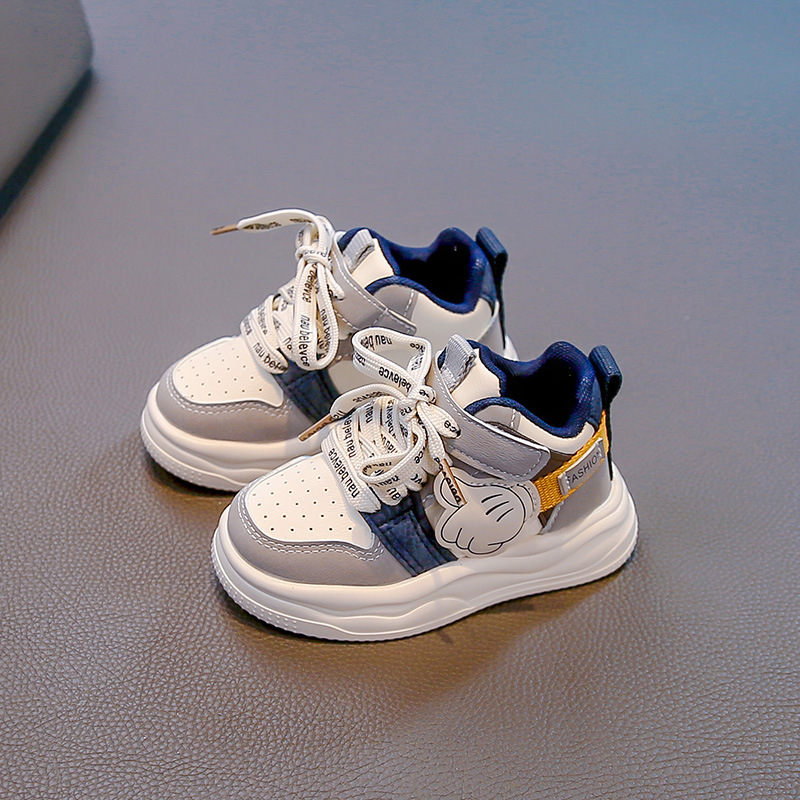 Kids And Toddler Unisex White Cartoon Glove Sneakers – Navy & Yellow Sport Shoes with Fashion Strap