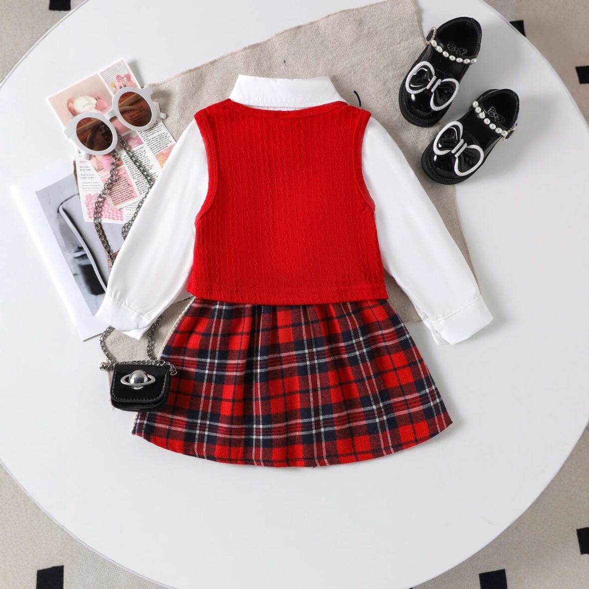 Toddler And Baby Girl Red Jacket With White Long Sleeve Top With Red Plaid Skirt 3pcs