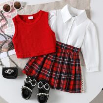 Toddler And Baby Girl Red Jacket With White Long Sleeve Top With Red Plaid Skirt 3pcs